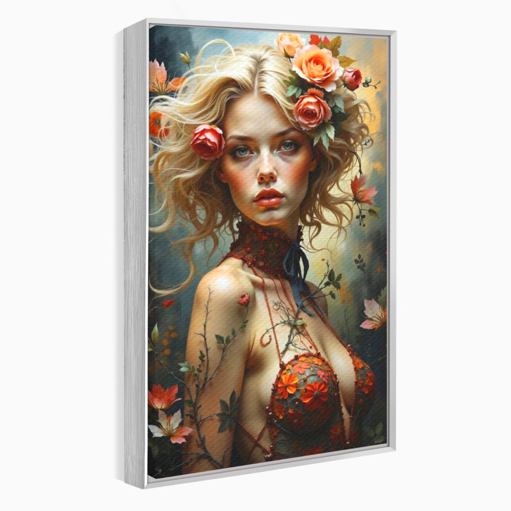 Tablou canvas cu tablou canvas cu portret de femeie blonda si flori, in rama de aluminiu argintiu